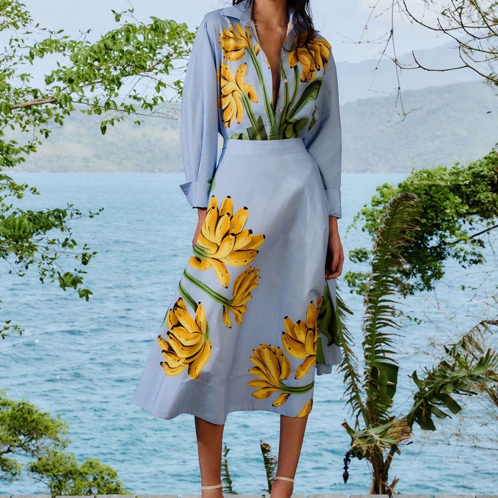 NWT Farm Rio Blue Banana Cocina Striped Midi Skirt